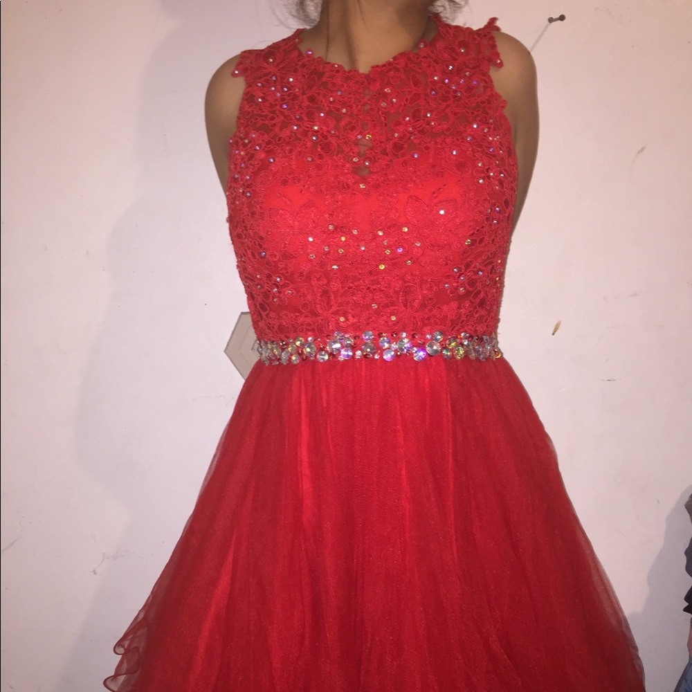 Red lace glitz tule party dress